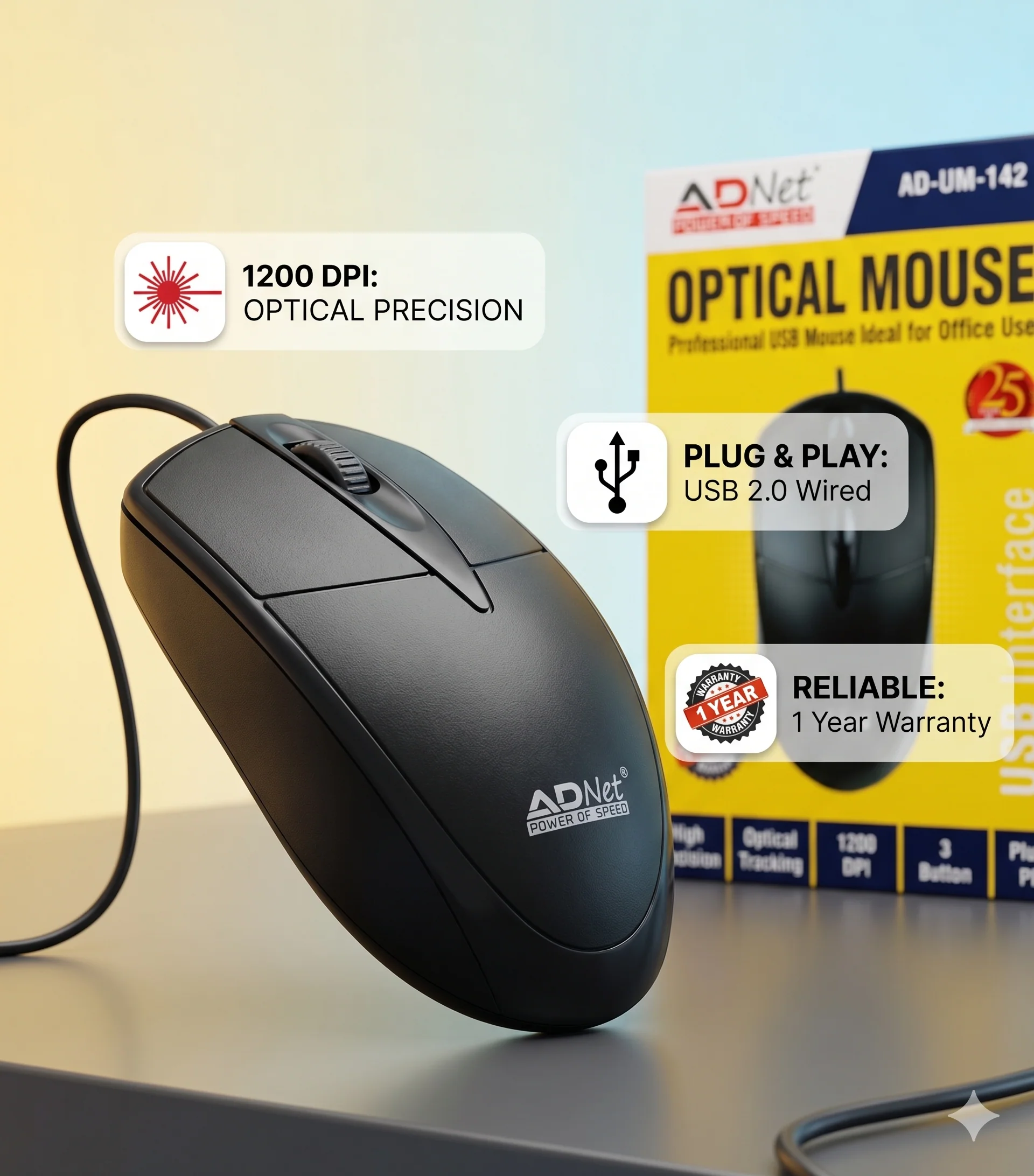 ADNET AD-UM-142 USB Wired Optical Mouse | 1200 DPI | Plug & Play | Lightweight | Laptop & PC Compatible